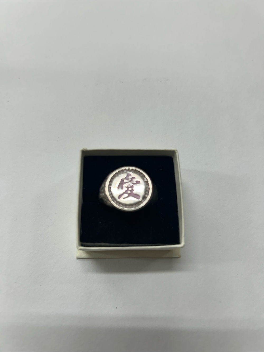 925 Sterling Silver Signet Ring with Pink Enamel Chinese Letter (Love) Size 8